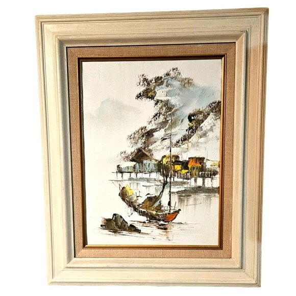 Vintage Oil Painting on Canvas Chinese Maritime Sail/Junk Boat Original - Picture 4 of 7